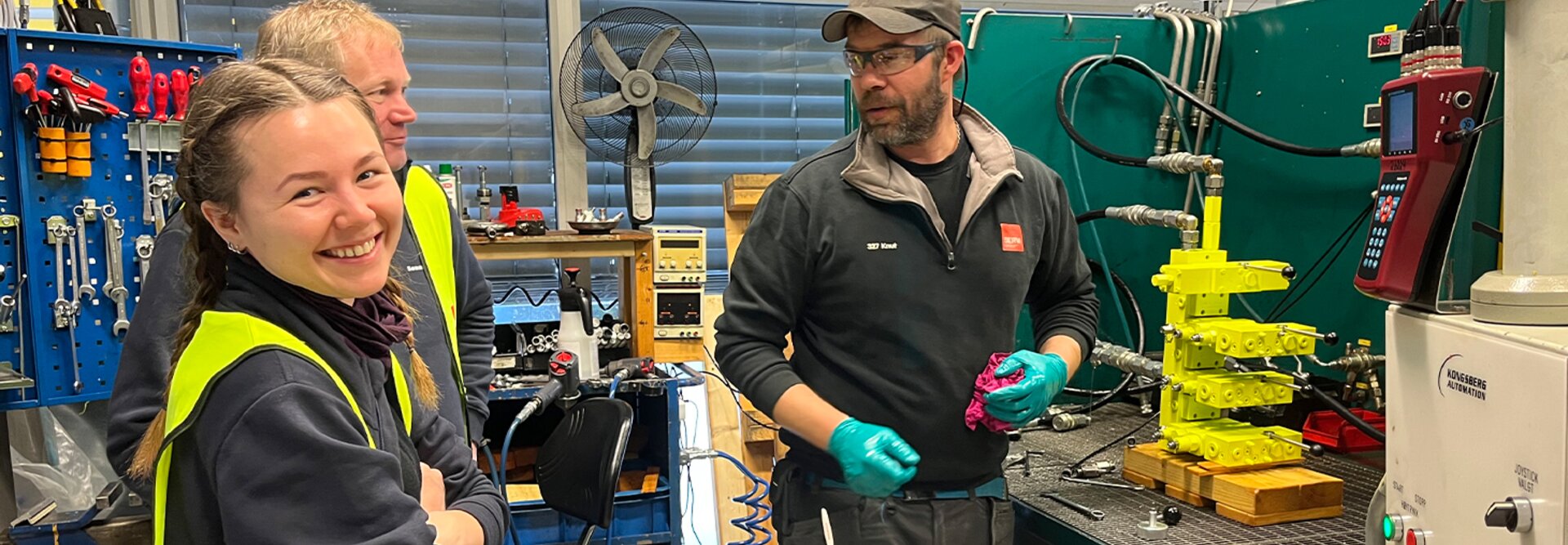 Ausra Konstantinaviciute, Project engineer and Gregor Bidmead at Seasystems at Servi in Kongsberg where Team leader Knut Odden at Servi completes the FAT on the hydraulic manifolds